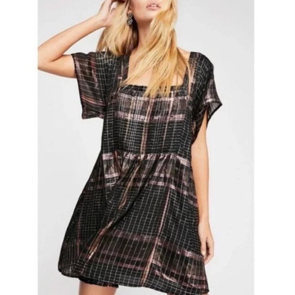 Free People Barcelona Plaid Metallic Babydoll Dress